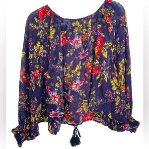 Anthropologie Floral Long Sleeve Sheer Blouse Navy Size S